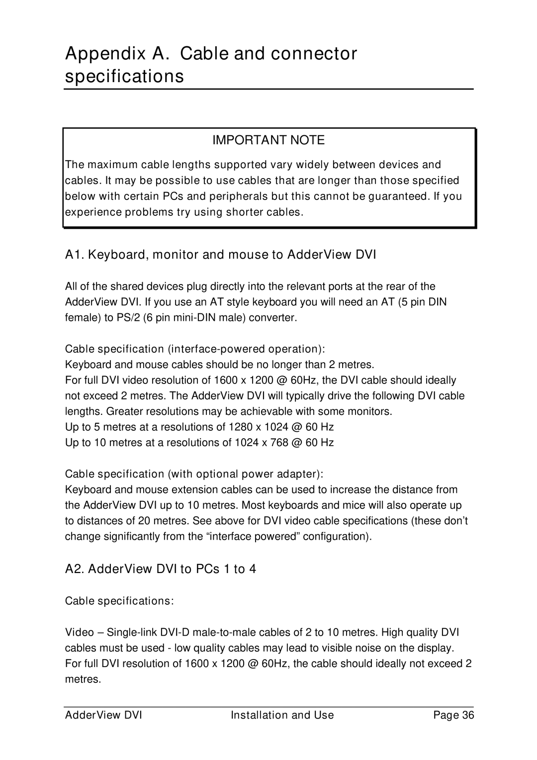Adder Technology AV4DVI Appendix A. Cable and connector specifications, A1. Keyboard, monitor and mouse to AdderView DVI 