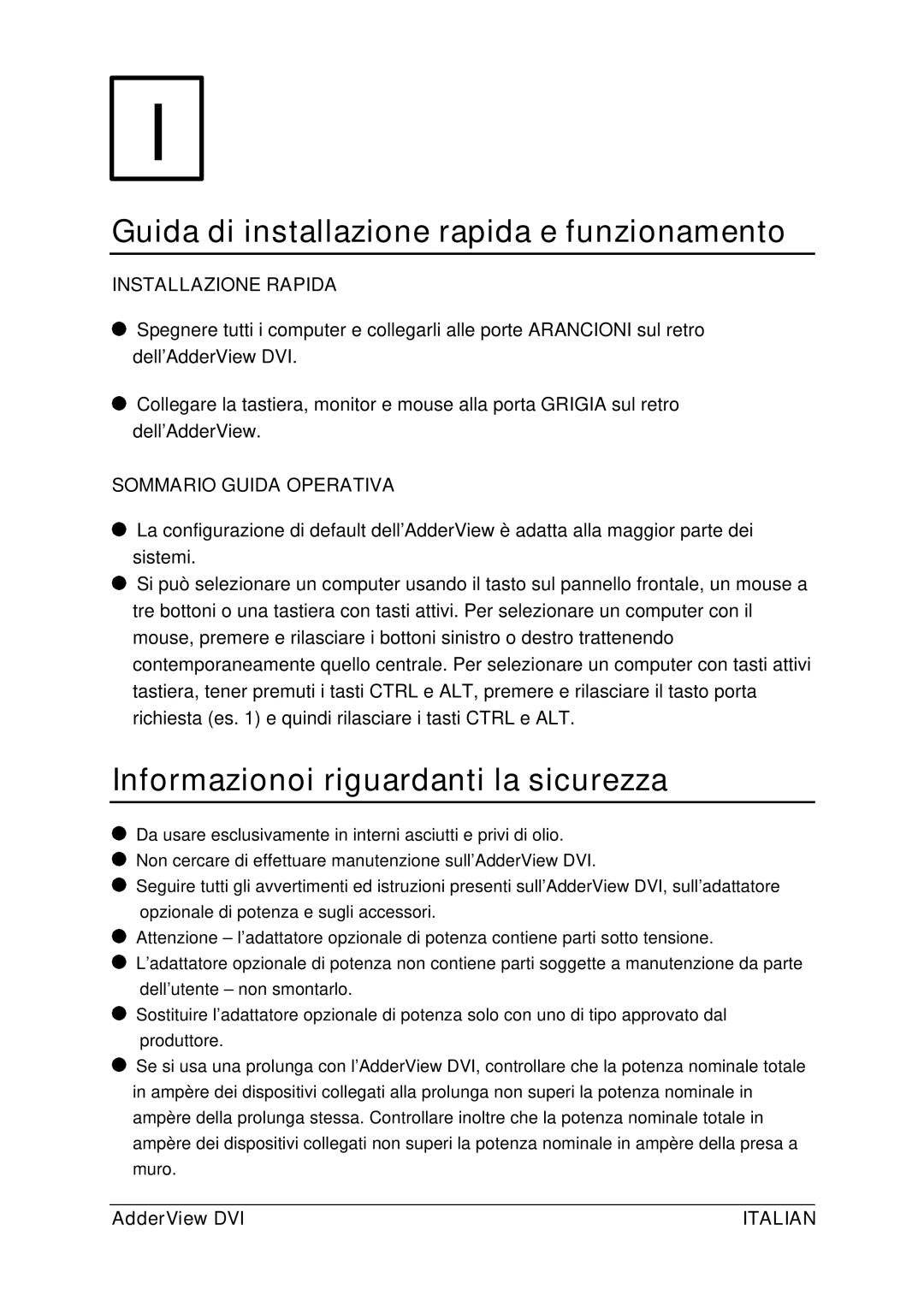 Adder Technology AV4DVI Guida di installazione rapida e funzionamento, Informazionoi riguardanti la sicurezza, Italian 