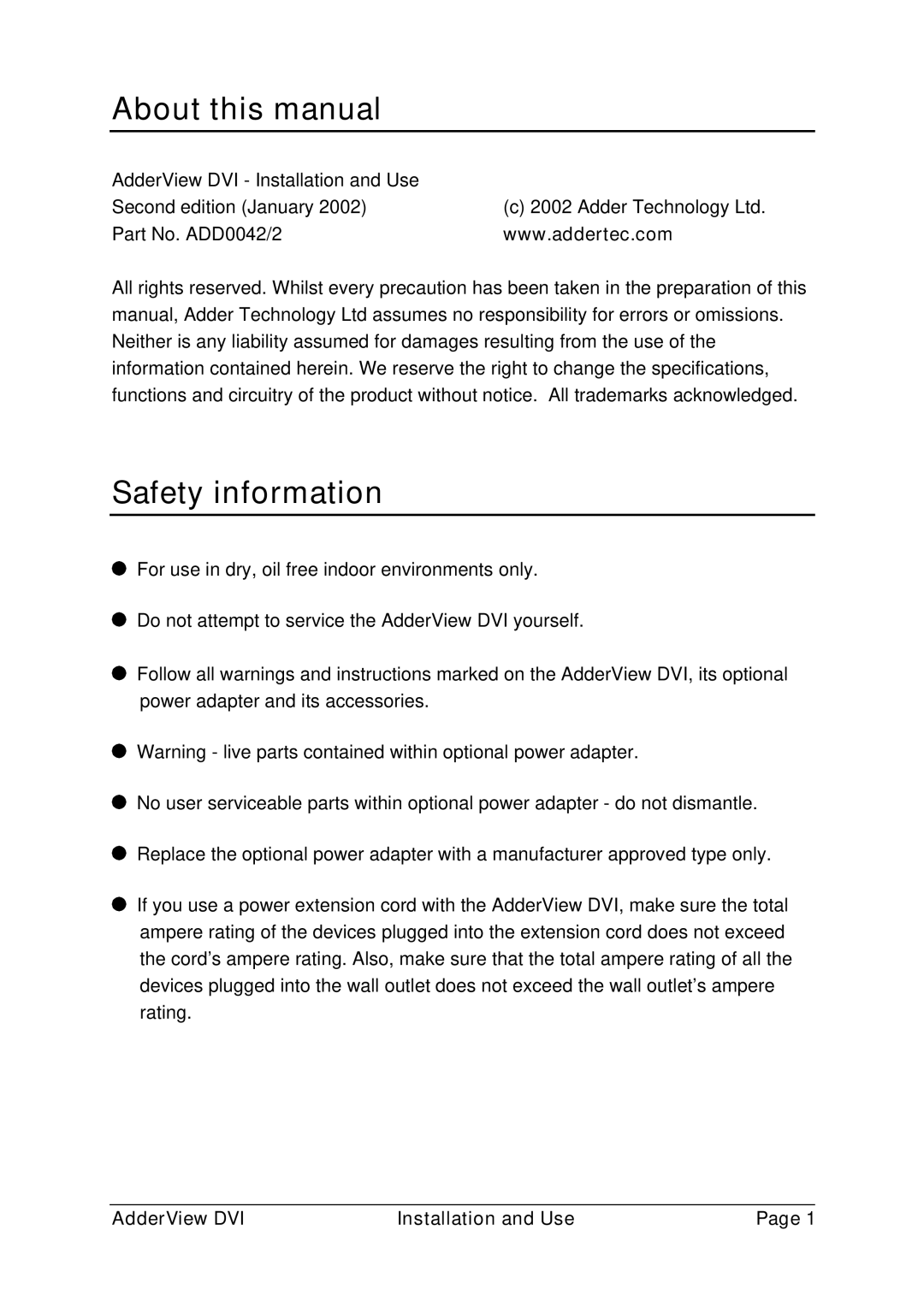 Adder Technology AV4DVI About this manual, AdderView DVI Installation and Use 