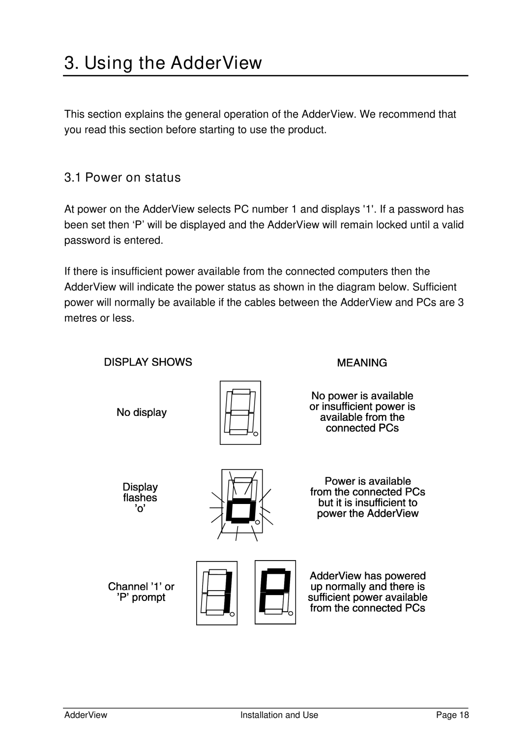 Adder Technology AV4OSD manual Using the AdderView, Power on status 