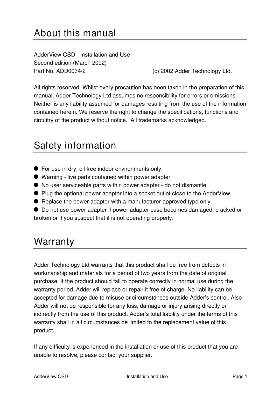 Adder Technology AV4OSD About this manual, Safety information, Warranty 