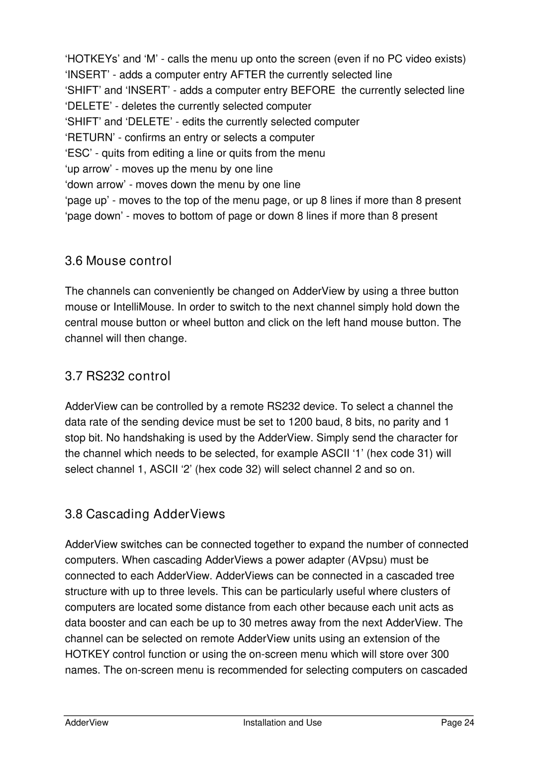Adder Technology AV4OSD manual Mouse control, RS232 control, Cascading AdderViews 