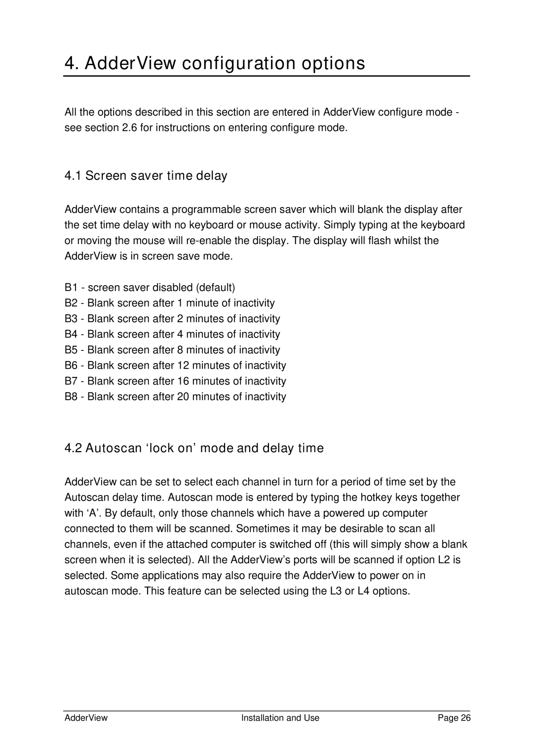 Adder Technology AV4OSD AdderView configuration options, Screen saver time delay, Autoscan ‘lock on’ mode and delay time 