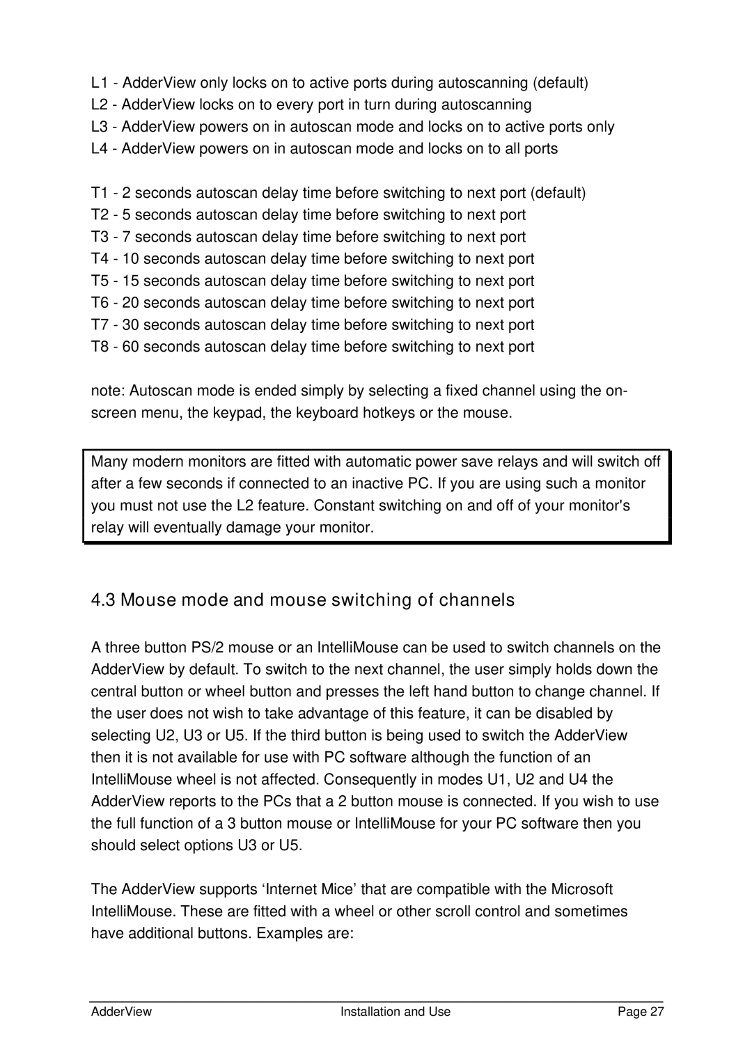 Adder Technology AV4OSD manual Mouse mode and mouse switching of channels 