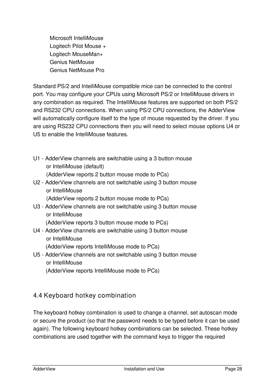 Adder Technology AV4OSD manual Keyboard hotkey combination 