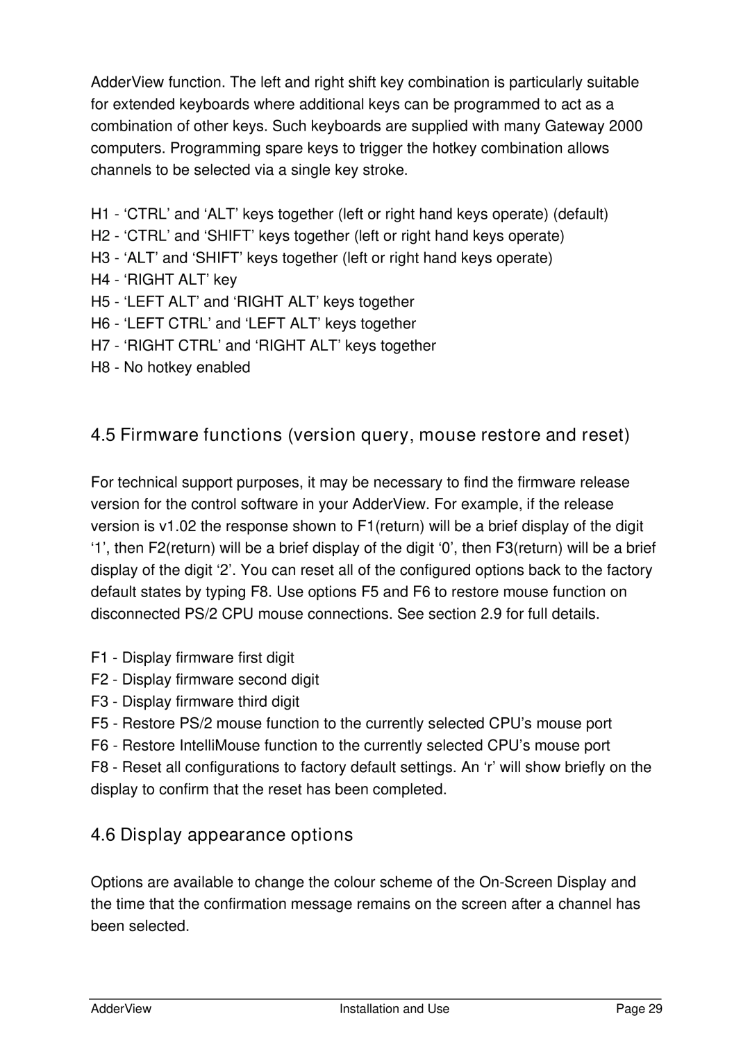 Adder Technology AV4OSD manual Firmware functions version query, mouse restore and reset, Display appearance options 