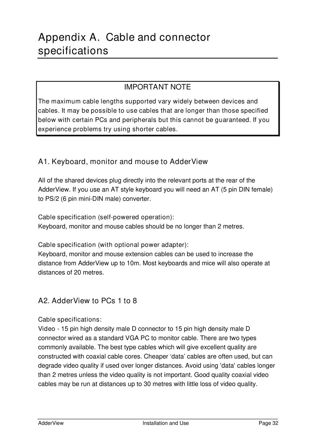 Adder Technology AV4OSD manual Appendix A. Cable and connector specifications, A1. Keyboard, monitor and mouse to AdderView 