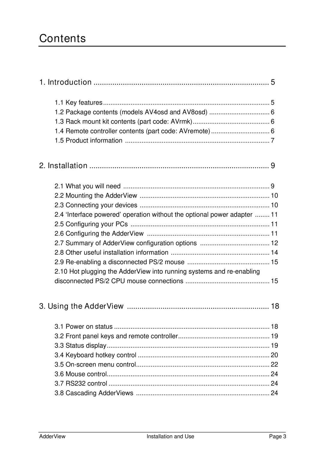 Adder Technology AV4OSD manual Contents 