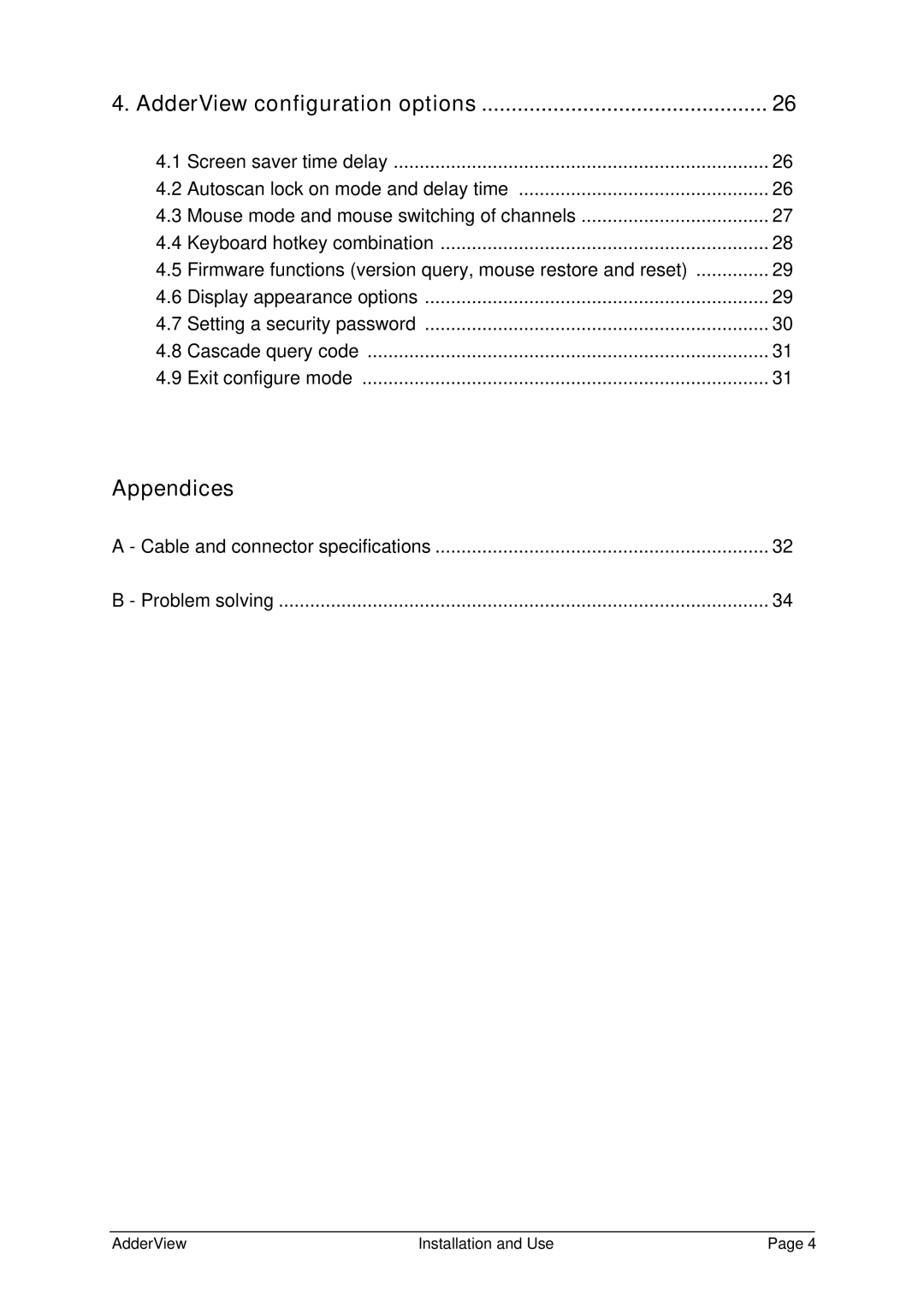 Adder Technology AV4OSD manual Appendices, AdderView configuration options 