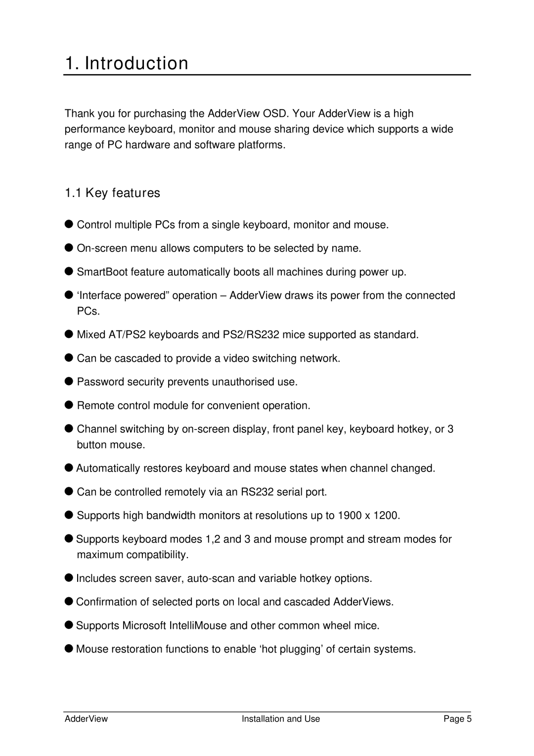 Adder Technology AV4OSD manual Introduction, Key features 