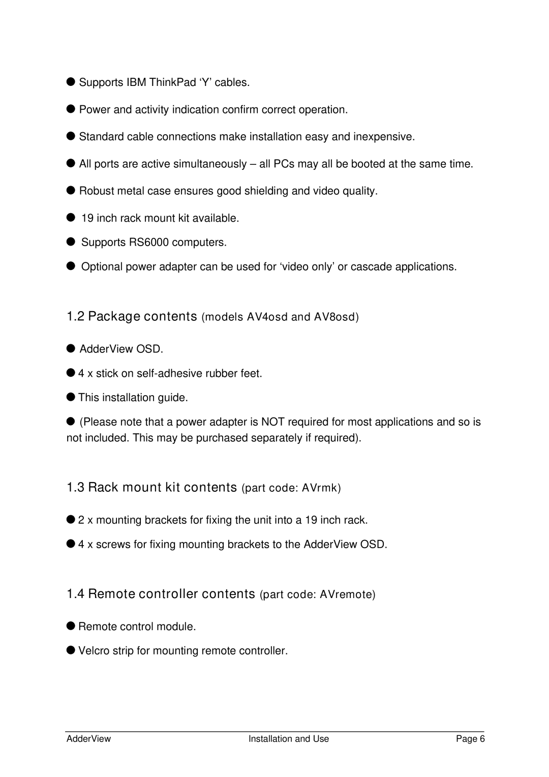 Adder Technology AV4OSD manual Rack mount kit contents part code AVrmk, Remote controller contents part code AVremote 