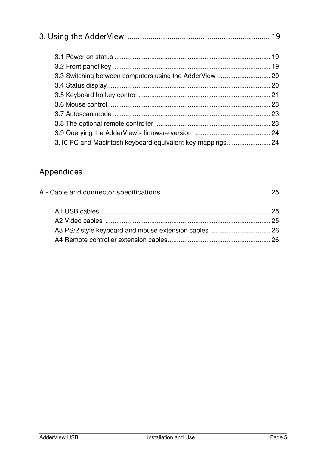 Adder Technology AV4USB-MAC, AV4USB-PC manual Using the AdderView, Cable and connector specifications 