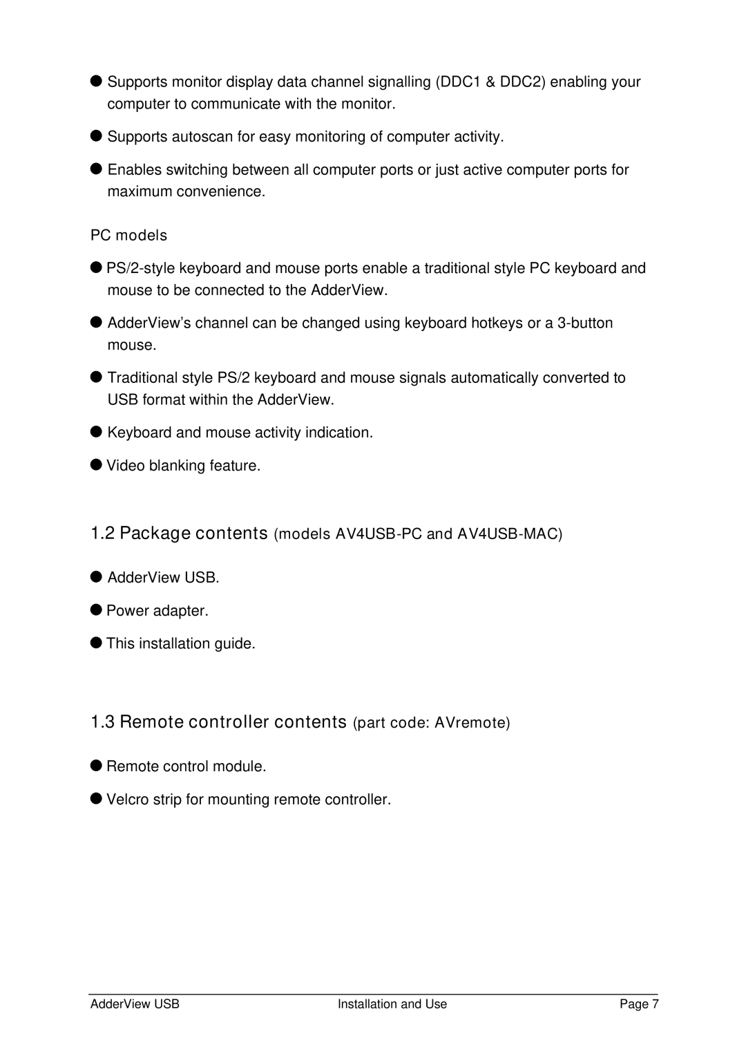 Adder Technology AV4USB-MAC, AV4USB-PC manual Remote controller contents part code AVremote 