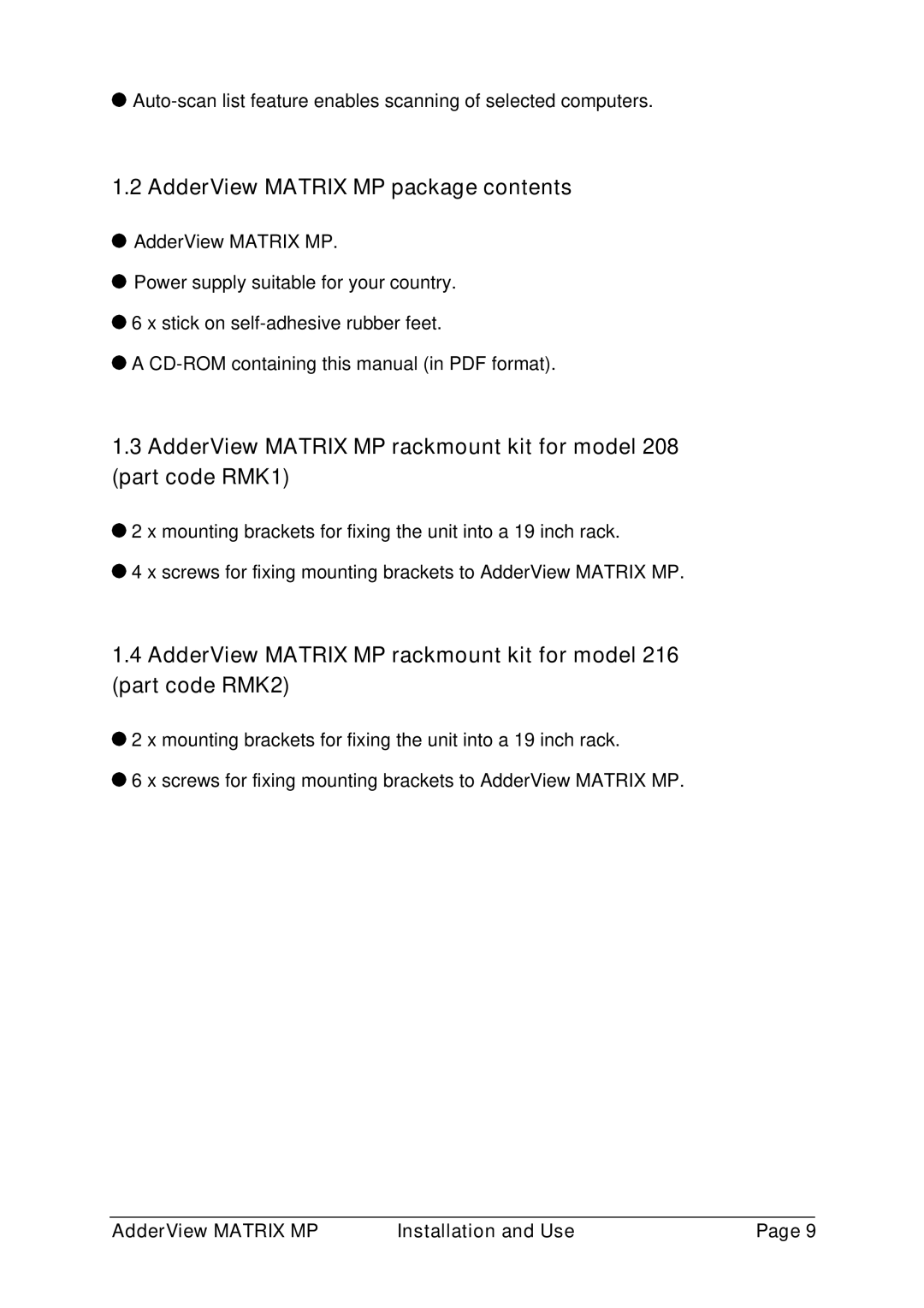 Adder Technology AVM208MP, AVM216MP manual AdderView Matrix MP package contents 