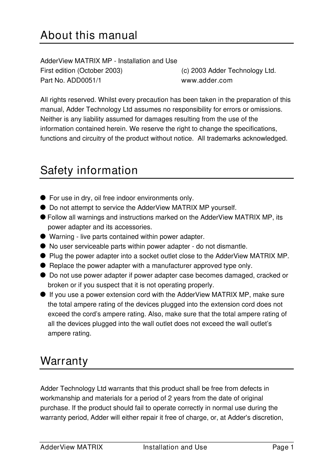 Adder Technology AVM208MP, AVM216MP About this manual, Safety information, Warranty, AdderView Matrix Installation and Use 