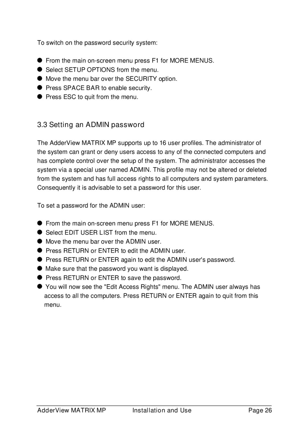 Adder Technology AVM216MP, AVM208MP manual Setting an Admin password 