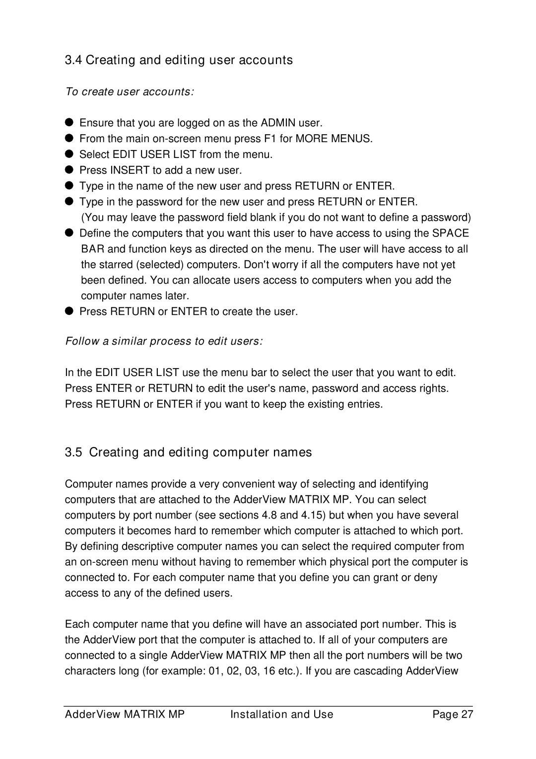 Adder Technology AVM208MP Creating and editing user accounts, Creating and editing computer names, To create user accounts 