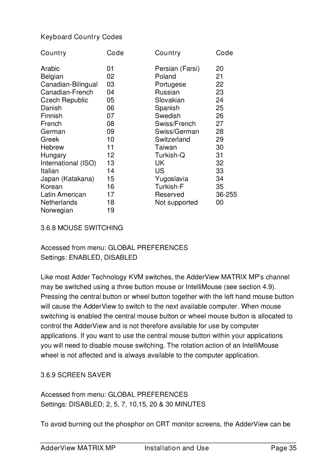 Adder Technology AVM208MP, AVM216MP manual Keyboard Country Codes, Mouse Switching, Screen Saver 