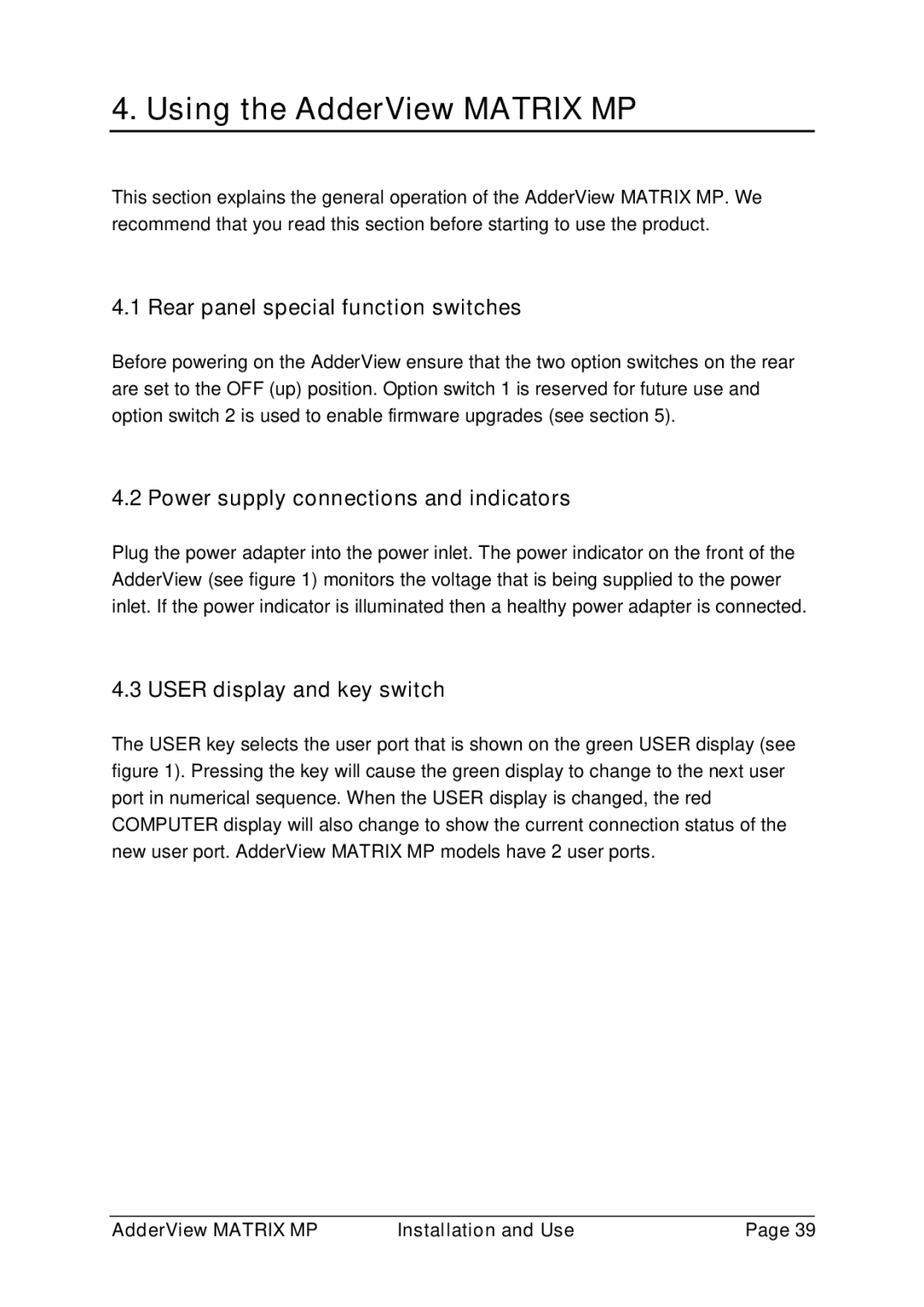 Adder Technology AVM208MP Using the AdderView Matrix MP, Rear panel special function switches, User display and key switch 