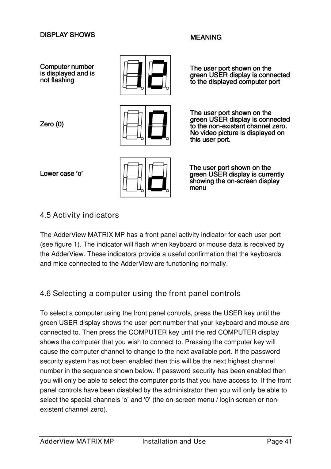 Adder Technology AVM208MP, AVM216MP manual Activity indicators, Selecting a computer using the front panel controls 