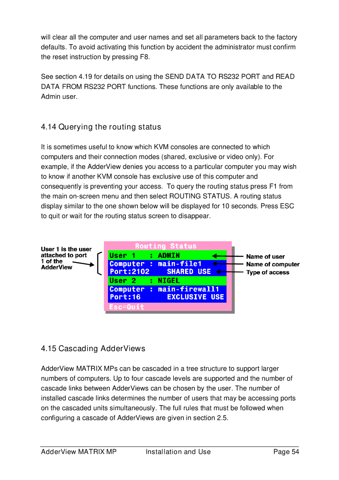 Adder Technology AVM216MP, AVM208MP manual Querying the routing status, Cascading AdderViews 