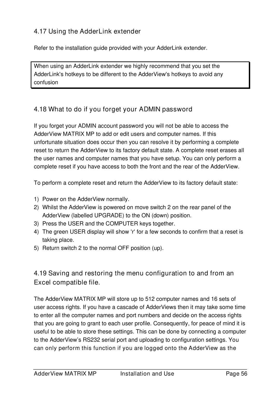 Adder Technology AVM216MP, AVM208MP manual Using the AdderLink extender, What to do if you forget your Admin password 