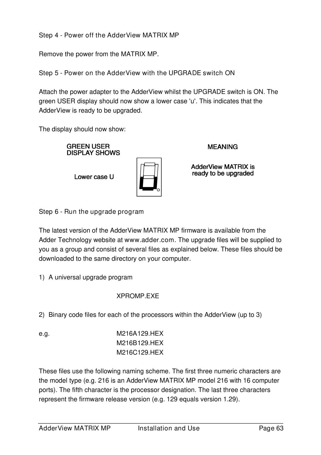 Adder Technology AVM208MP Power off the AdderView Matrix MP, Power on the AdderView with the Upgrade switch on, Xpromp.Exe 