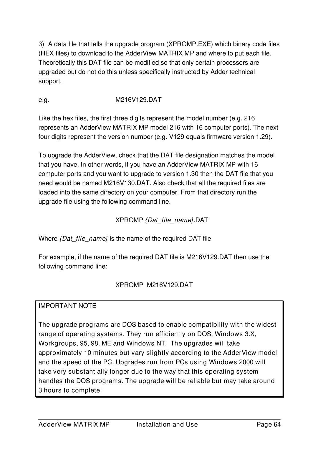Adder Technology AVM216MP, AVM208MP manual Xpromp Datfilename.DAT, Xpromp M216V129.DAT Important Note 