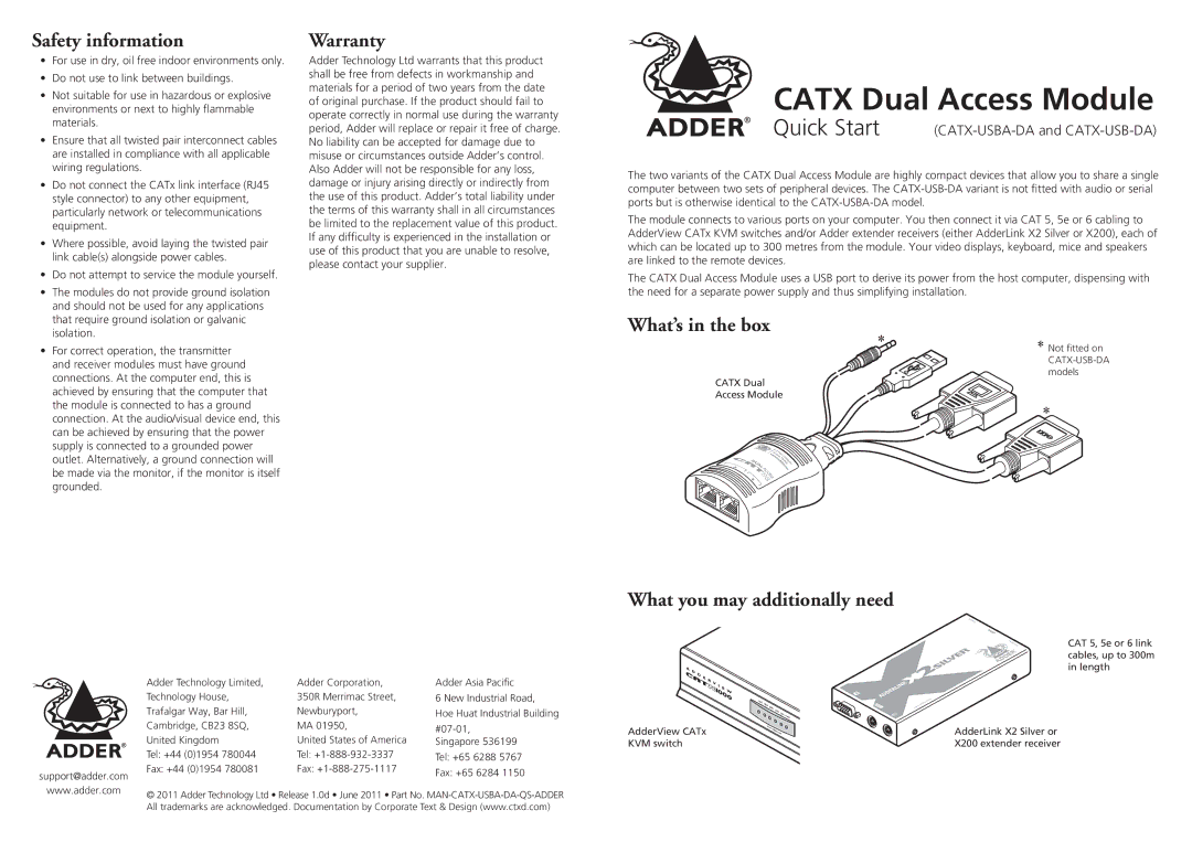 Adder Technology CATX-USBA-DA quick start Safety information, Warranty, What’s in the box, What you may additionally need 