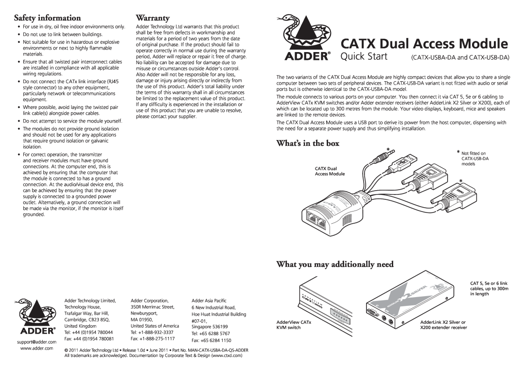 Adder Technology CATX-USBA-DA quick start CATX Dual Access Module, Safety information, Warranty, What’s in the box 