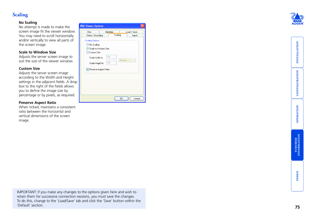 Adder Technology CATxIP 1000 manual No Scaling, Scale to Window Size, Custom Size, Preserve Aspect Ratio 