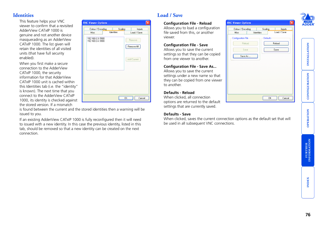 Adder Technology CATxIP 1000 manual Identities, Load / Save, Defaults Reload, Defaults Save 