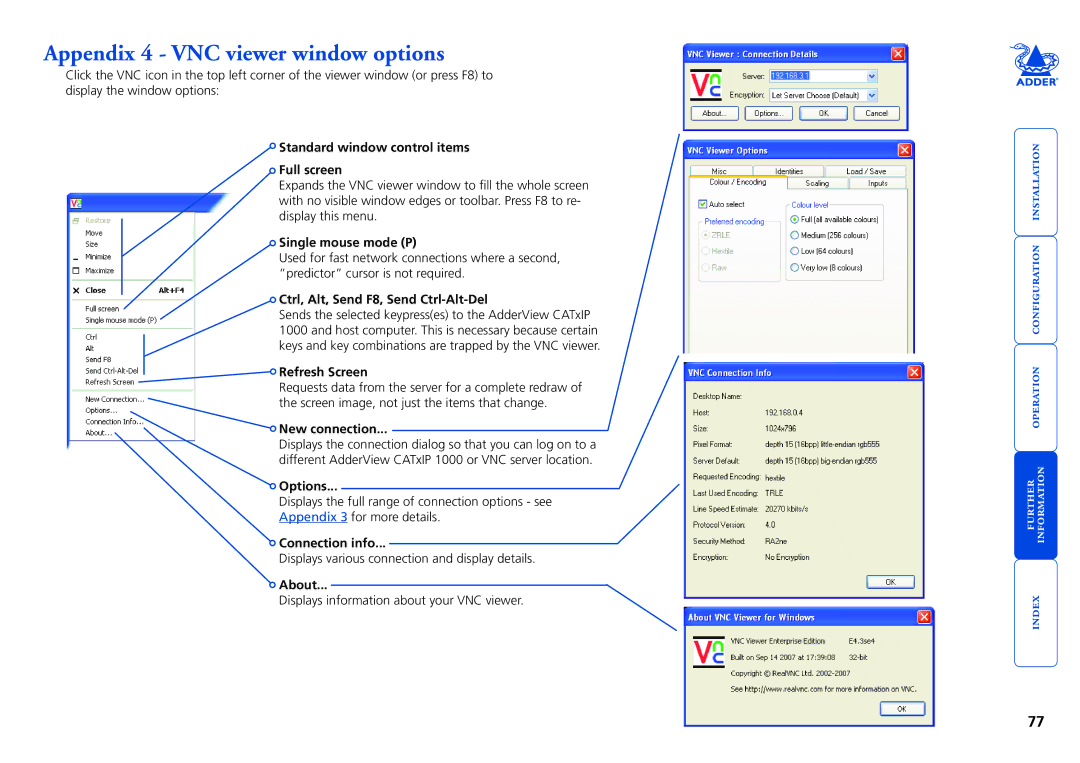 Adder Technology CATxIP 1000 manual Appendix 4 VNC viewer window options 