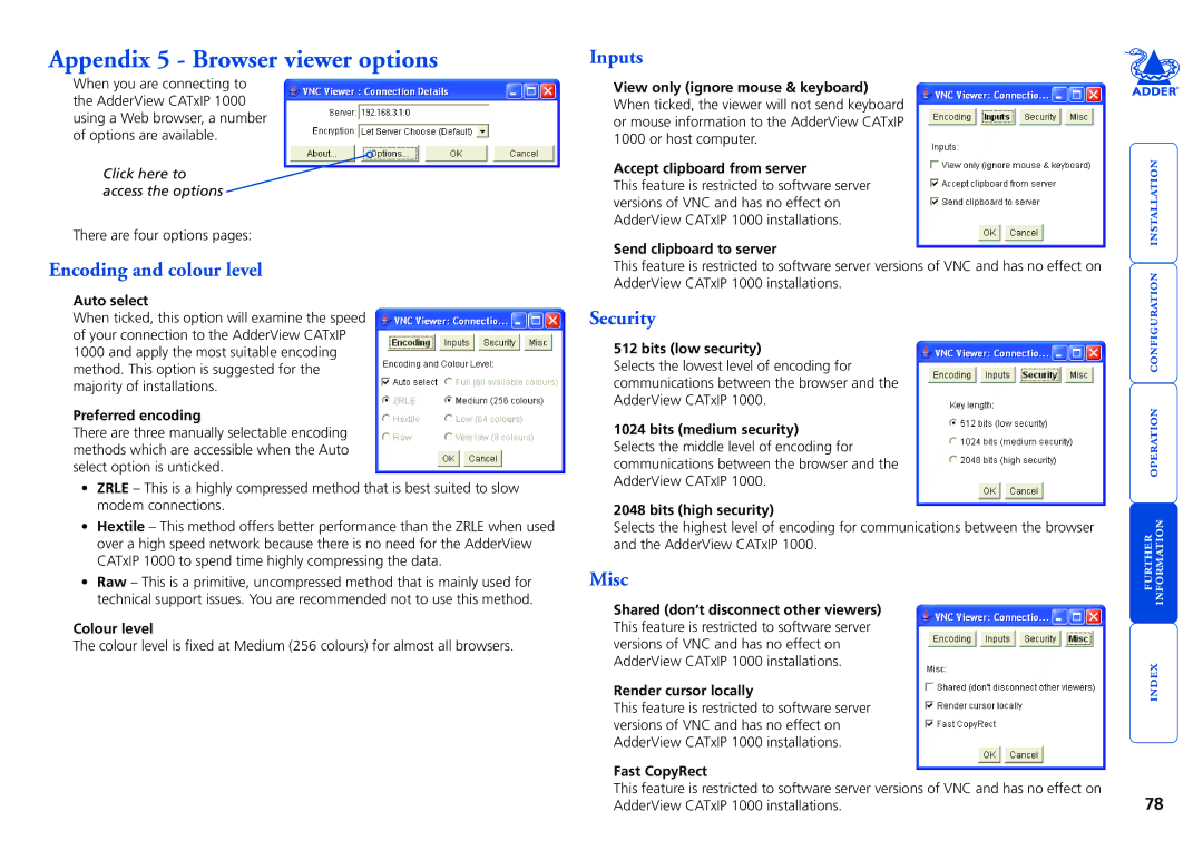 Adder Technology CATxIP 1000 manual Appendix 5 Browser viewer options, Encoding and colour level, Security 