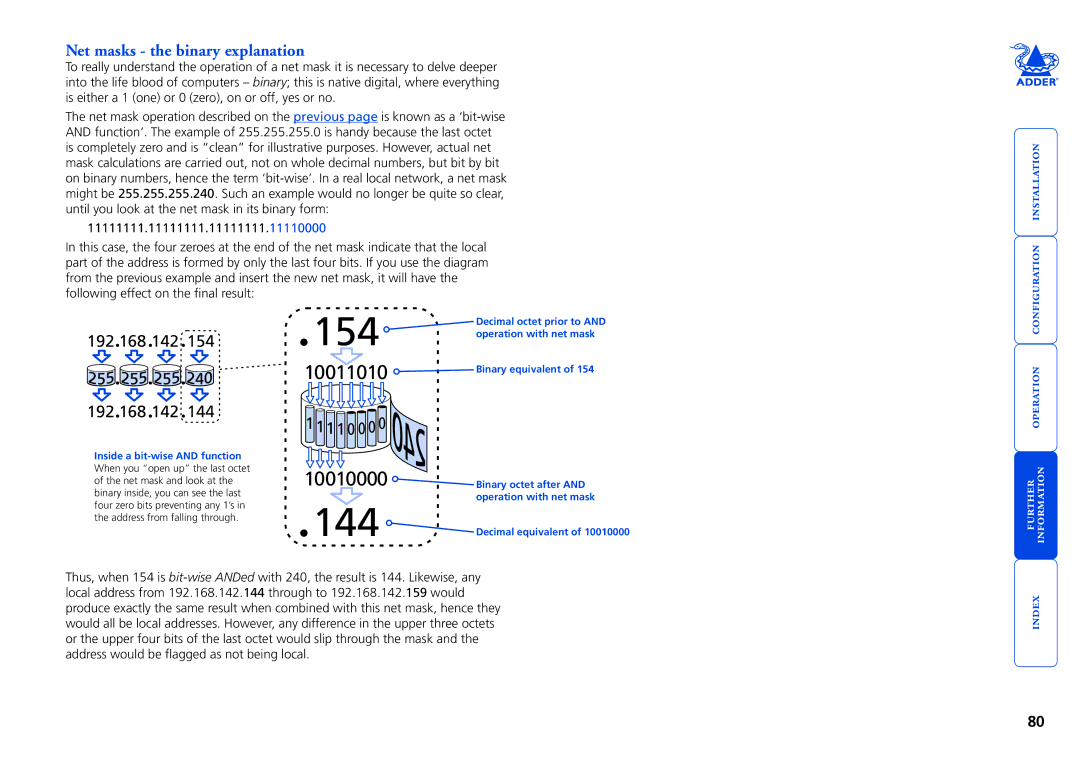 Adder Technology CATxIP 1000 manual Net masks the binary explanation, Operation with net mask, Binary equivalent 