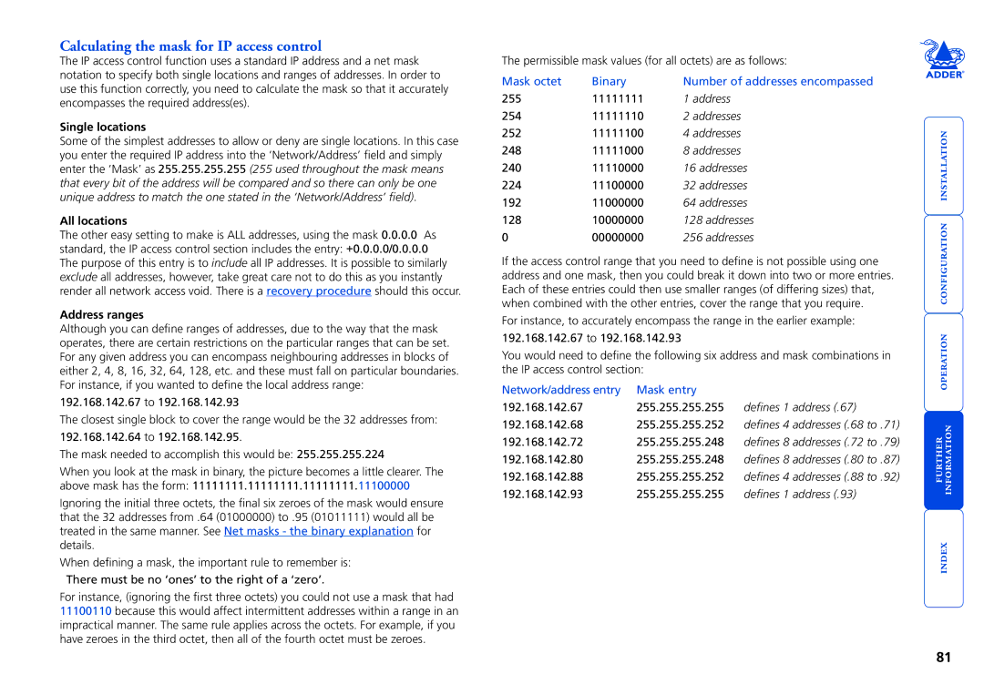 Adder Technology CATxIP 1000 Calculating the mask for IP access control, Single locations, All locations, Address ranges 