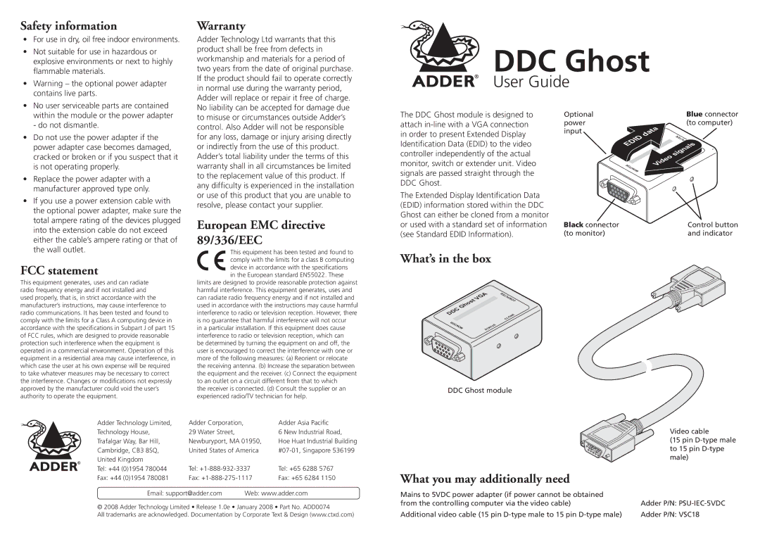 Adder Technology DDC Ghost warranty Safety information, Warranty, European EMC directive 89/336/EEC, FCC statement 