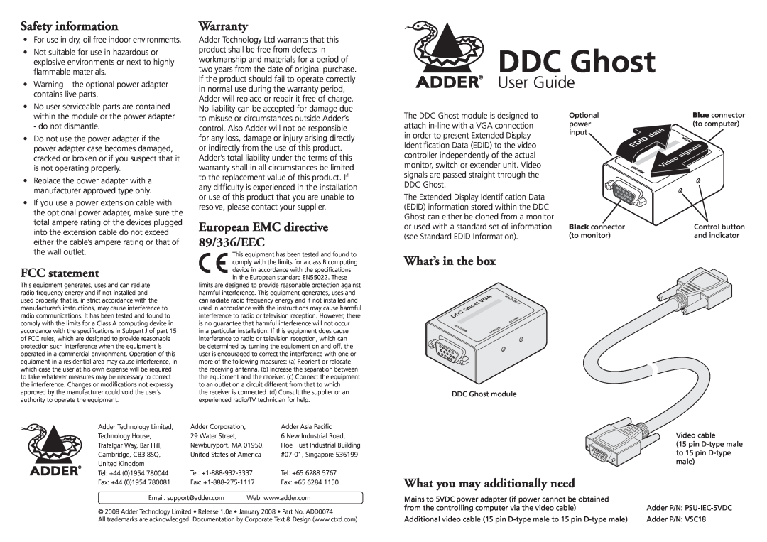 Adder Technology DDC Ghost warranty Safety information, Warranty, European EMC directive 89/336/EEC, FCC statement 