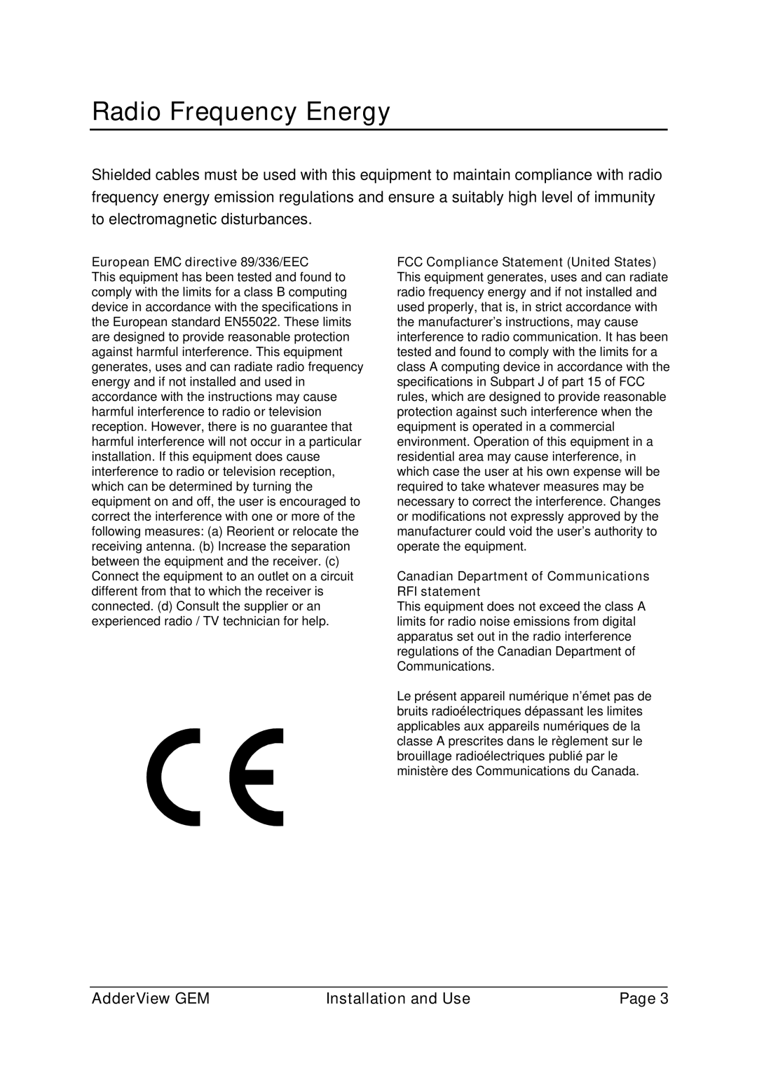 Adder Technology GEMAV4GEM, GEMAV2GEM manual Radio Frequency Energy, European EMC directive 89/336/EEC 