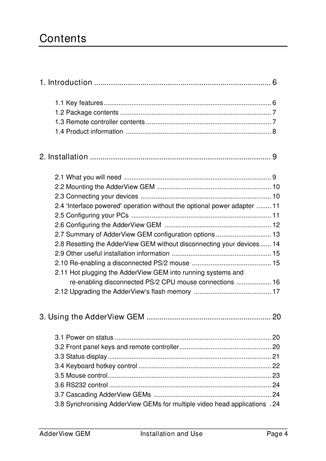 Adder Technology GEMAV2GEM, GEMAV4GEM manual Contents 