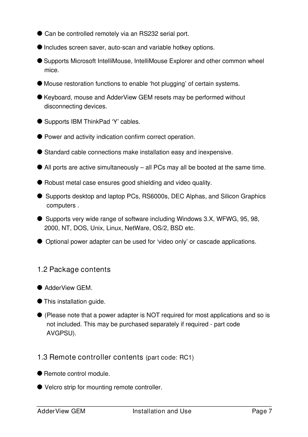 Adder Technology GEMAV4GEM, GEMAV2GEM manual Package contents, Remote controller contents part code RC1 