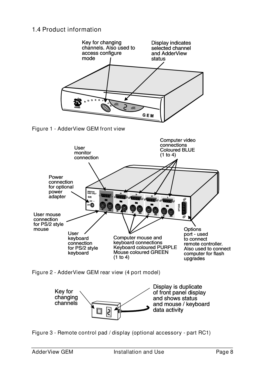 Adder Technology GEMAV2GEM, GEMAV4GEM manual Product information, AdderView GEM front view 