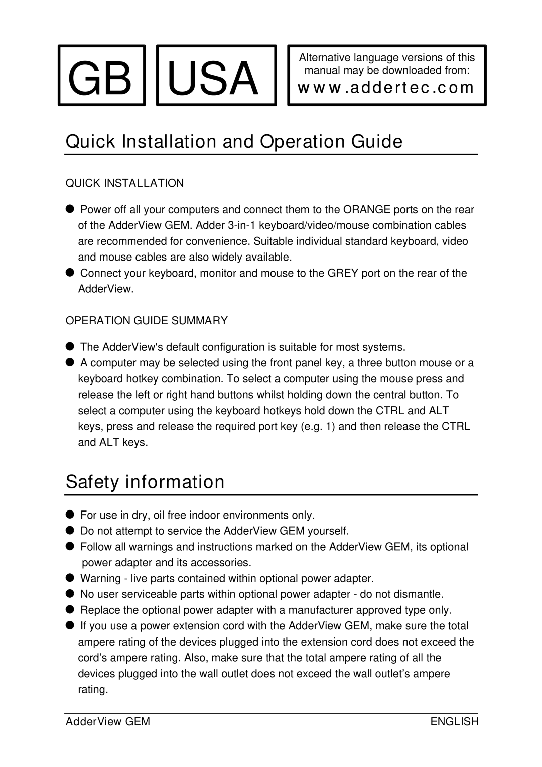 Adder Technology GEMAV4GEM, GEMAV2GEM manual Quick Installation and Operation Guide, Safety information 