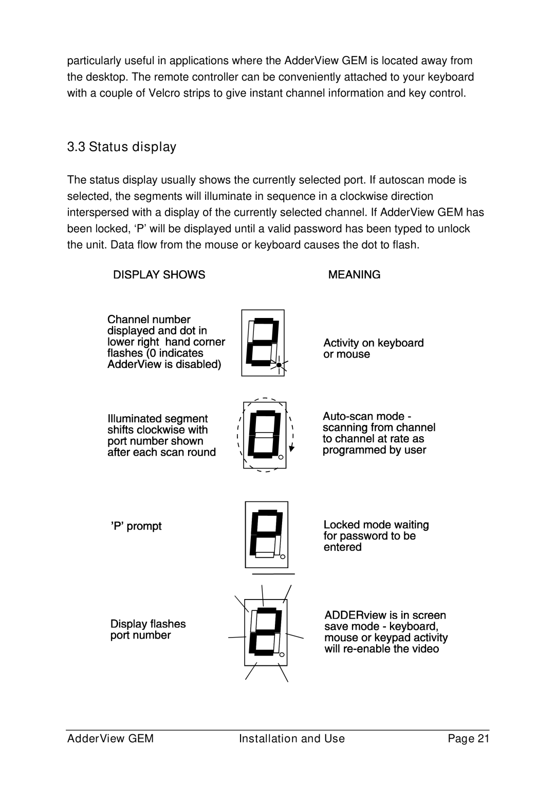 Adder Technology GEMAV4GEM, GEMAV2GEM manual Status display 