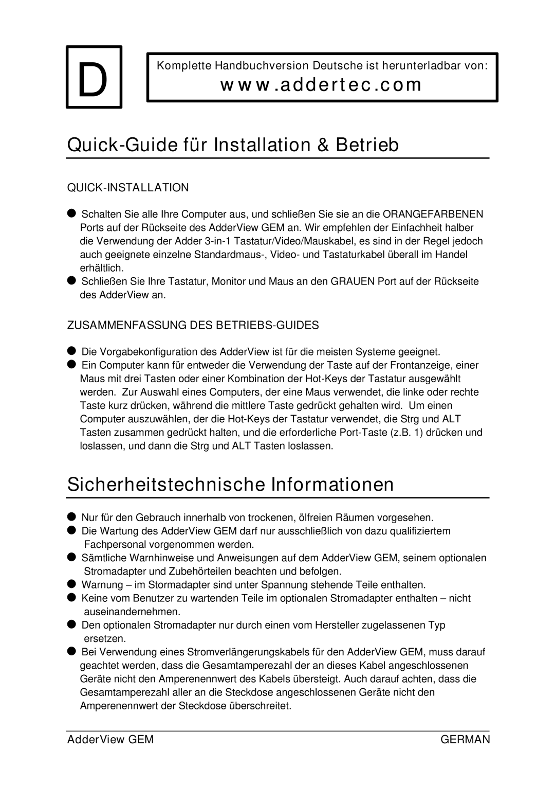 Adder Technology GEMAV2GEM, GEMAV4GEM manual Quick-Guide für Installation & Betrieb, Sicherheitstechnische Informationen 