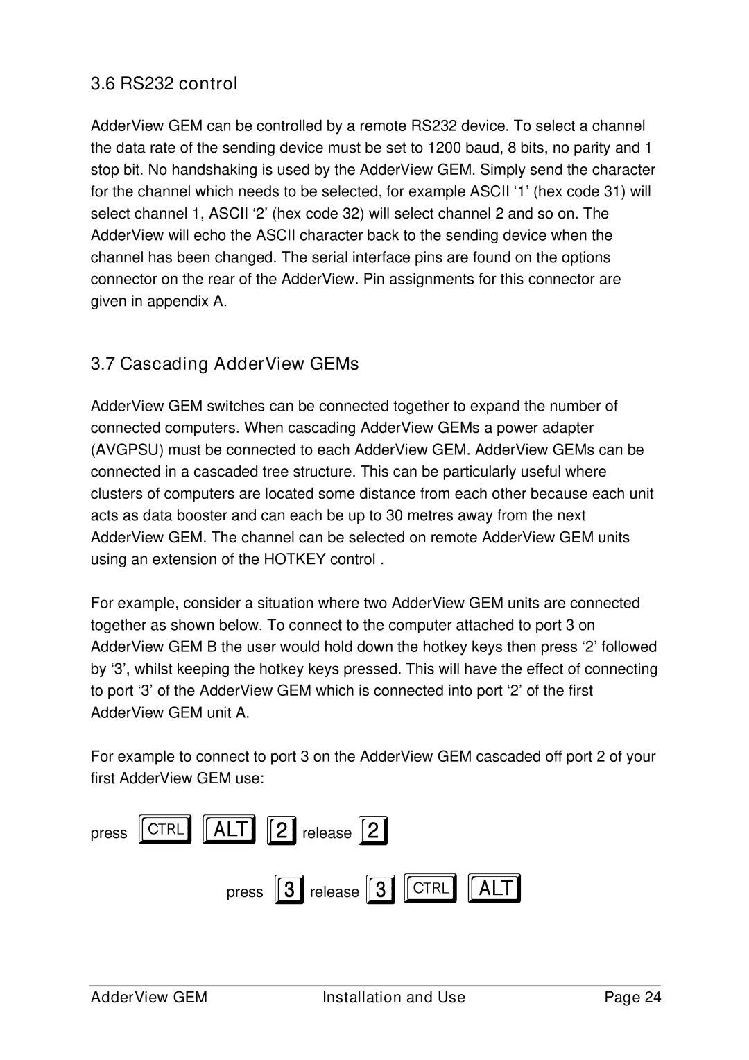 Adder Technology GEMAV2GEM, GEMAV4GEM manual RS232 control, Cascading AdderView GEMs 