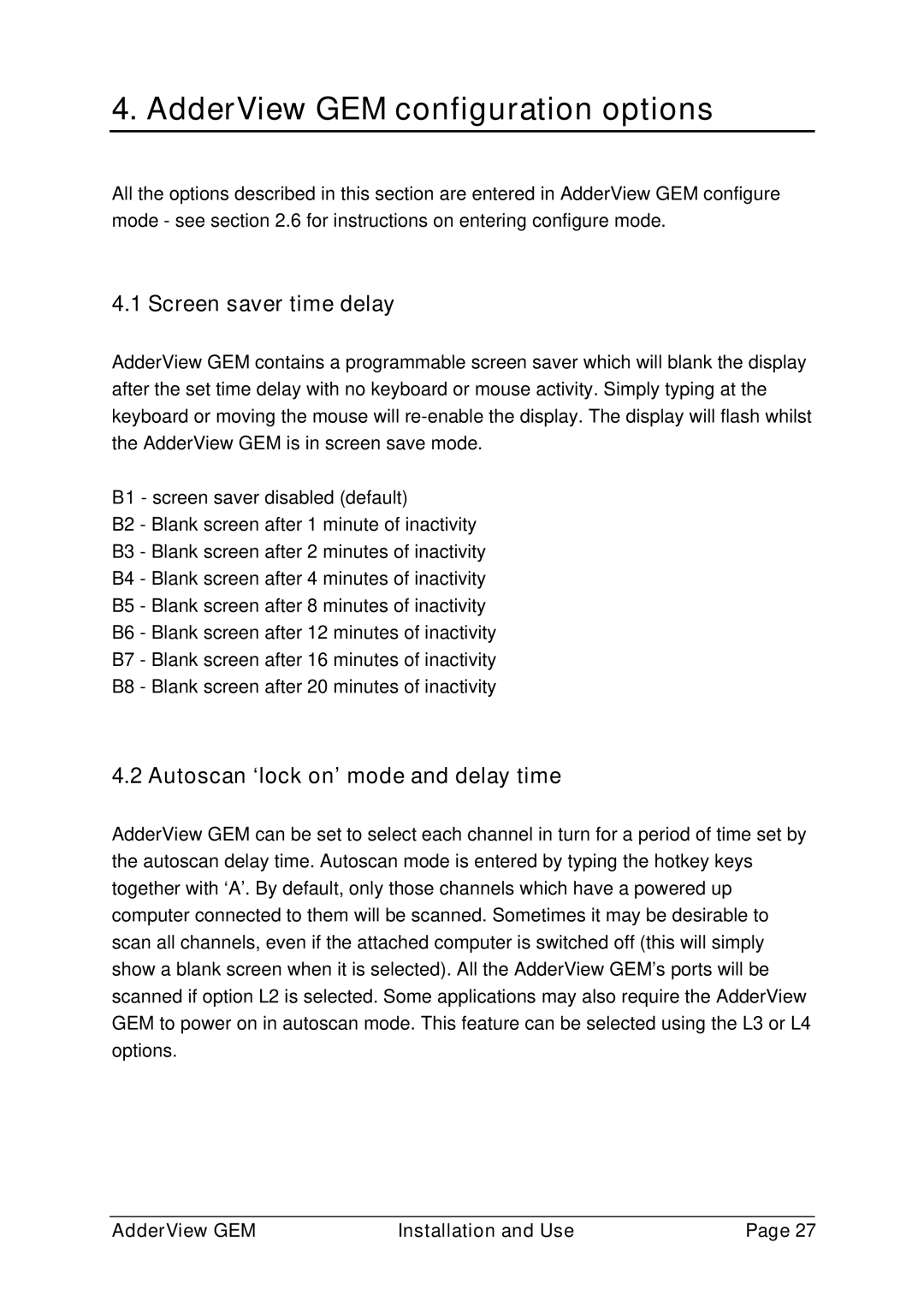 Adder Technology GEMAV4GEM, GEMAV2GEM manual AdderView GEM configuration options, Screen saver time delay 