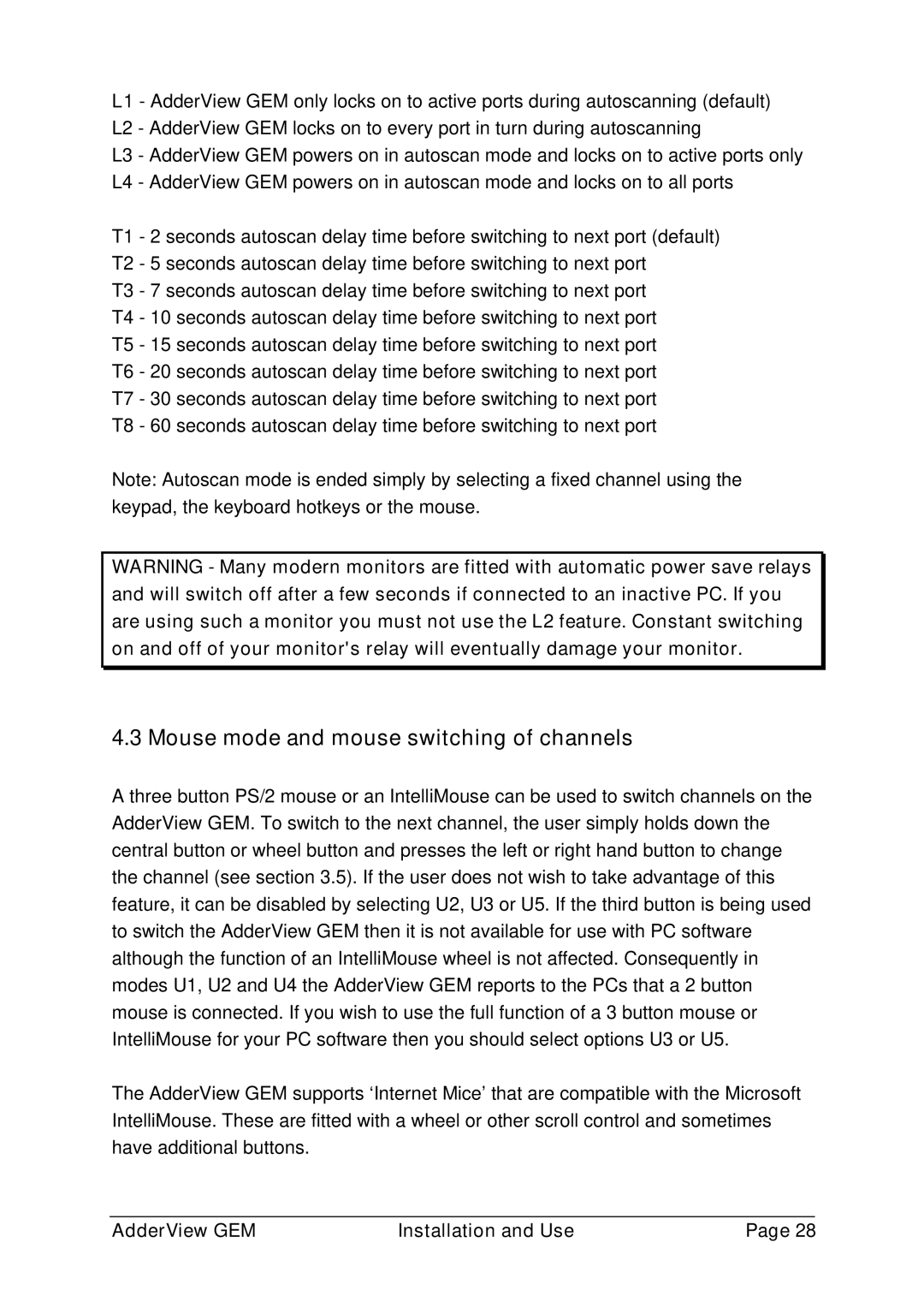 Adder Technology GEMAV2GEM, GEMAV4GEM manual Mouse mode and mouse switching of channels 