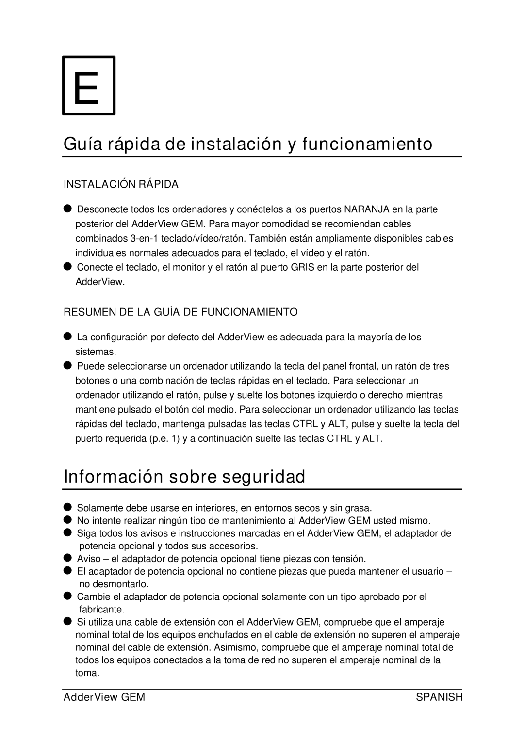 Adder Technology GEMAV4GEM, GEMAV2GEM manual Guía rápida de instalación y funcionamiento, Información sobre seguridad 