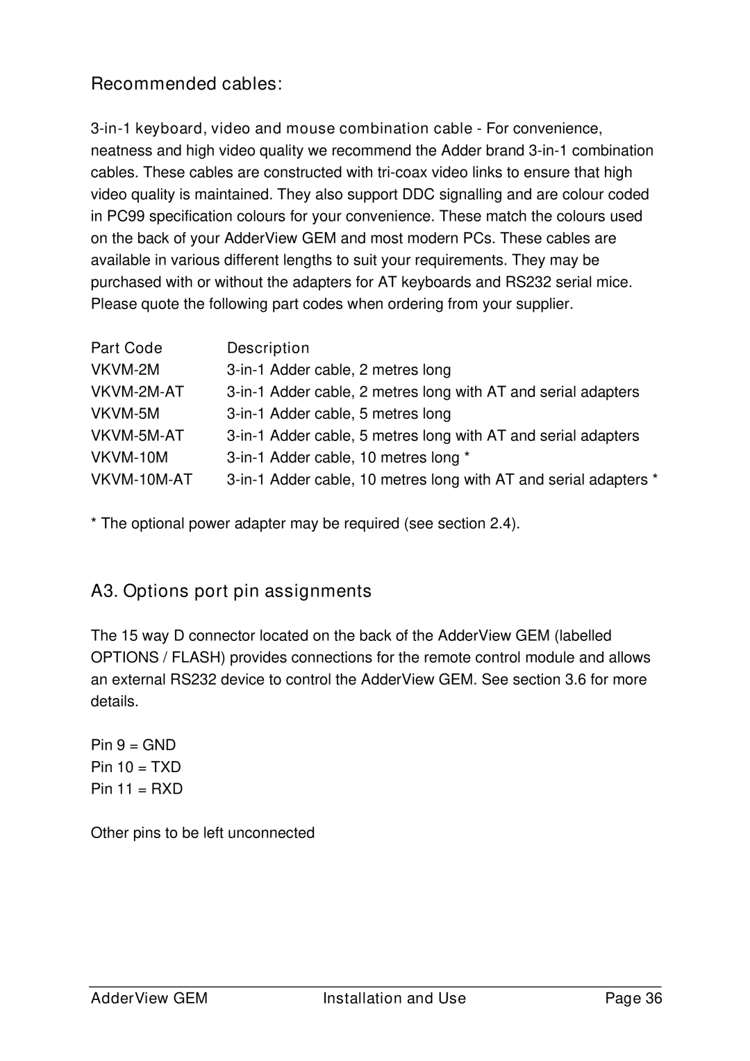 Adder Technology GEMAV2GEM, GEMAV4GEM manual Recommended cables, A3. Options port pin assignments 